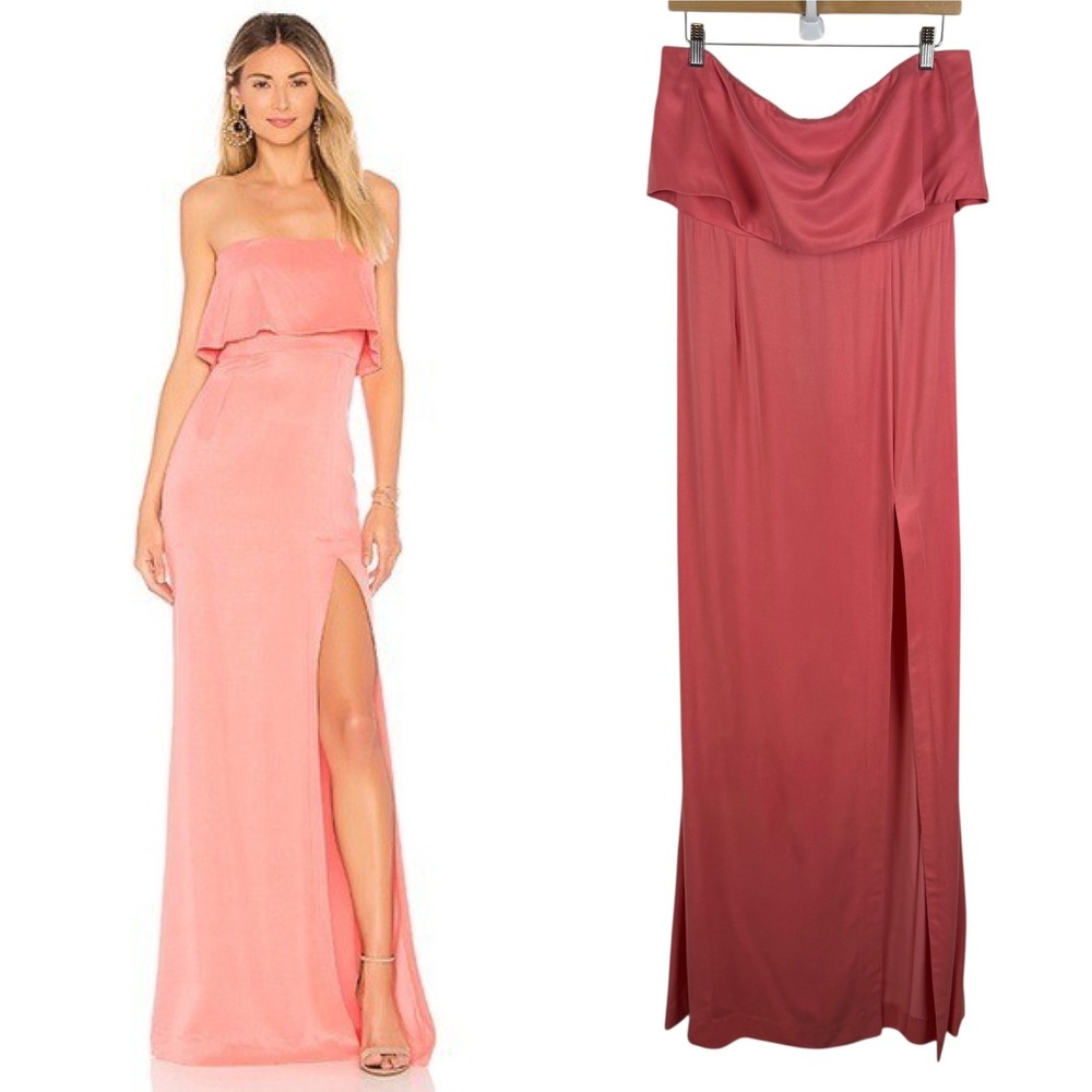 NWT Lovers + Friends Anzen‎ Gown Sz Large Coral Pink Strapless Maxi Slit Wedding